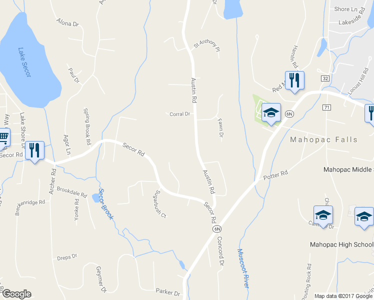 map of restaurants, bars, coffee shops, grocery stores, and more near 59 Austin Road in Mahopac