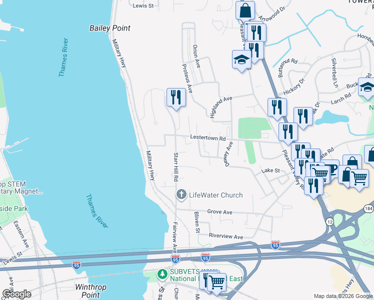 map of restaurants, bars, coffee shops, grocery stores, and more near 232 Lestertown Road in Groton
