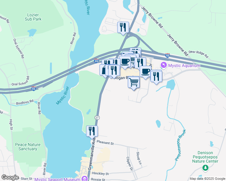 map of restaurants, bars, coffee shops, grocery stores, and more near 224 Greenmanville Avenue in Stonington