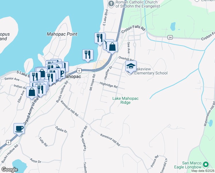 map of restaurants, bars, coffee shops, grocery stores, and more near 26 Highridge Road in Mahopac