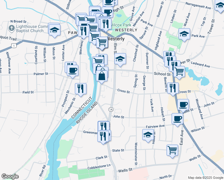 map of restaurants, bars, coffee shops, grocery stores, and more near 47 Elm Street in Westerly