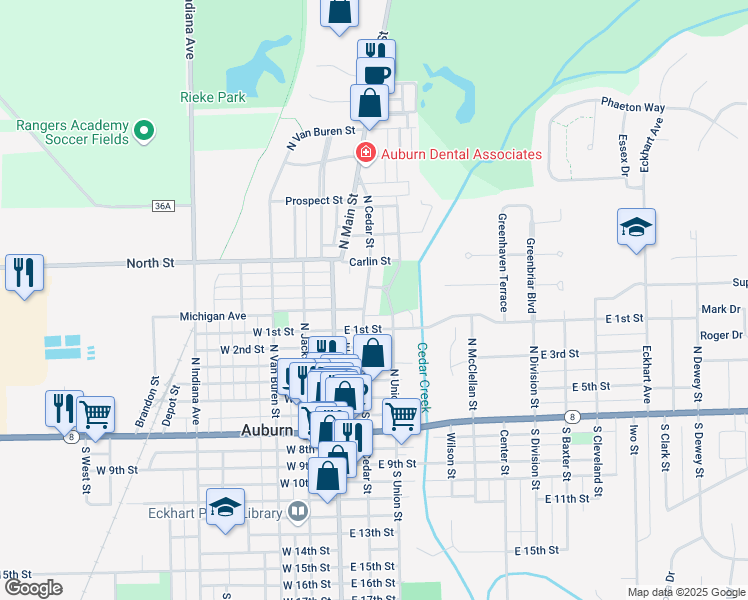 map of restaurants, bars, coffee shops, grocery stores, and more near 718 North Cedar Street in Auburn