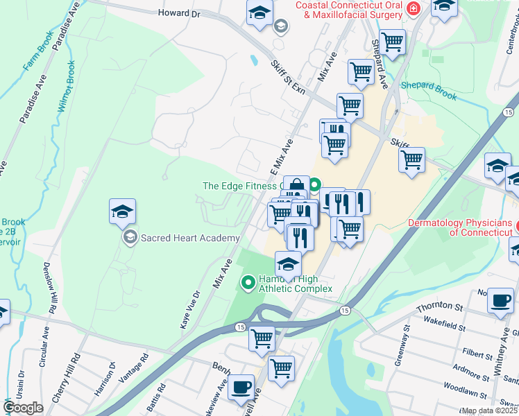 map of restaurants, bars, coffee shops, grocery stores, and more near 667 Mix Avenue in Hamden
