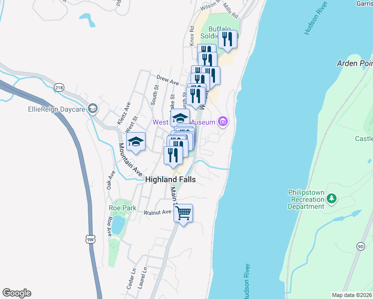 map of restaurants, bars, coffee shops, grocery stores, and more near 327 Main Street in Highland Falls