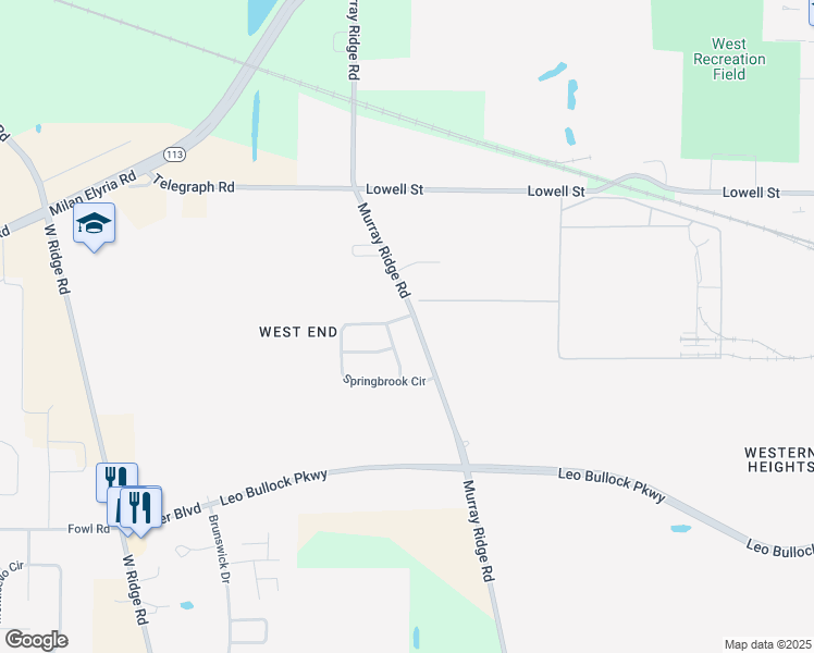 map of restaurants, bars, coffee shops, grocery stores, and more near 8402 Murray Ridge Road in Elyria