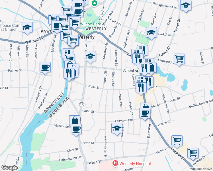 map of restaurants, bars, coffee shops, grocery stores, and more near 20 Spring Street in Westerly