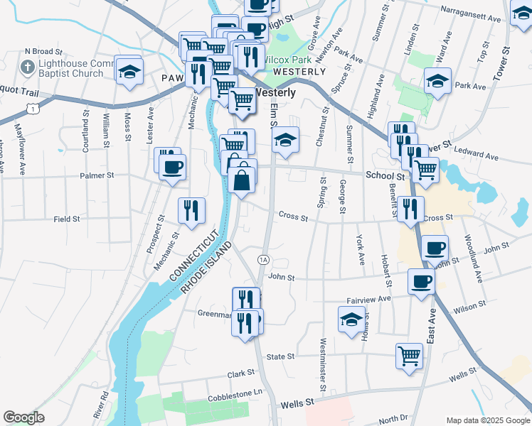 map of restaurants, bars, coffee shops, grocery stores, and more near 47 Elm Street in Westerly