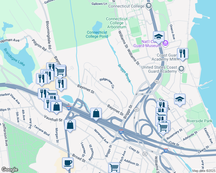map of restaurants, bars, coffee shops, grocery stores, and more near 121 Hawthorne Drive North in New London