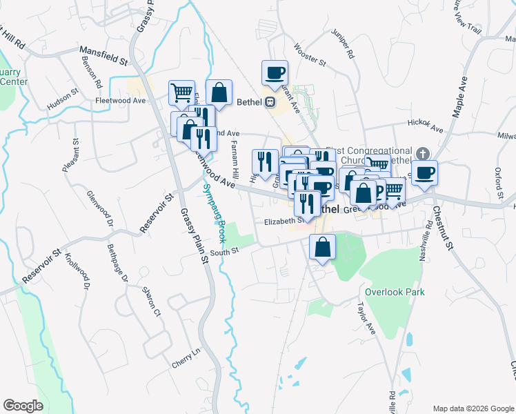 map of restaurants, bars, coffee shops, grocery stores, and more near 3 Blackman Avenue in Bethel