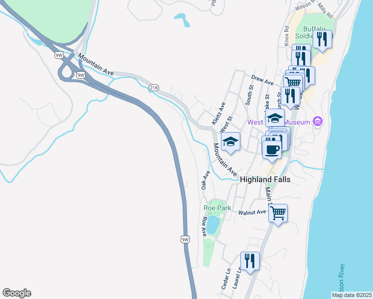 map of restaurants, bars, coffee shops, grocery stores, and more near 29 Mearns Avenue in Highland Falls