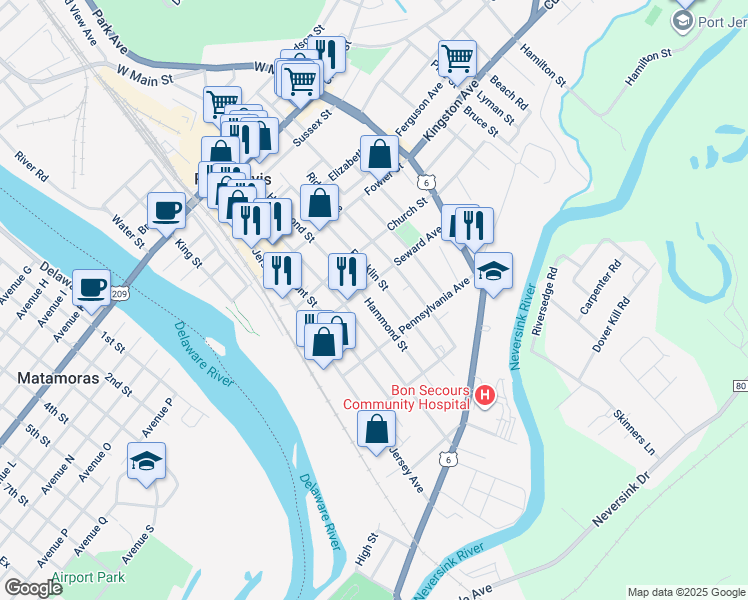 map of restaurants, bars, coffee shops, grocery stores, and more near 73 Franklin Street in Port Jervis