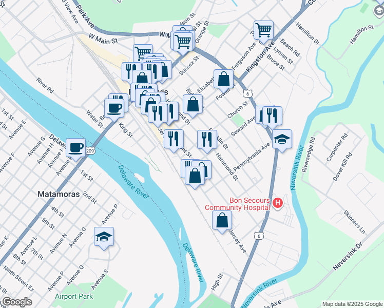 map of restaurants, bars, coffee shops, grocery stores, and more near 110 Front Street in Port Jervis