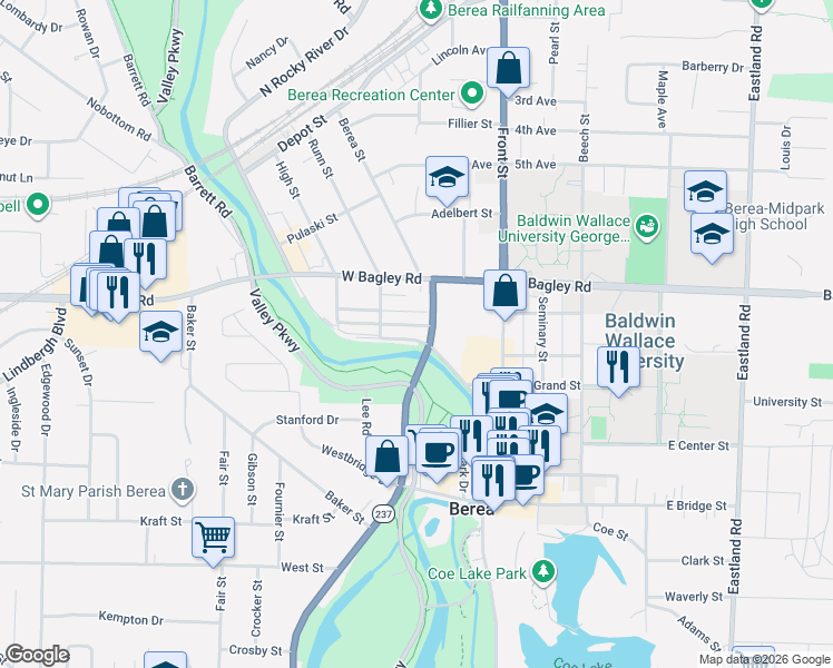 map of restaurants, bars, coffee shops, grocery stores, and more near 85 Murphy Street in Berea