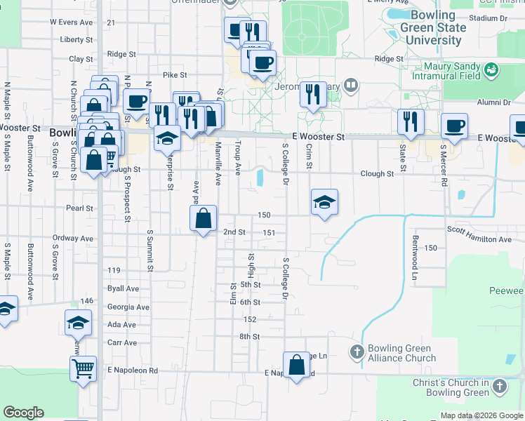 map of restaurants, bars, coffee shops, grocery stores, and more near 831 Scott Hamilton Avenue in Bowling Green