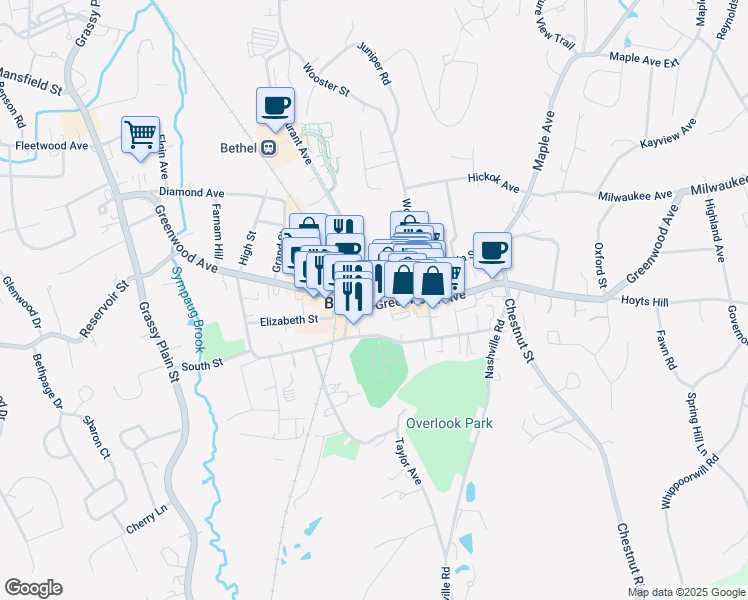 map of restaurants, bars, coffee shops, grocery stores, and more near 8 School Street in Bethel