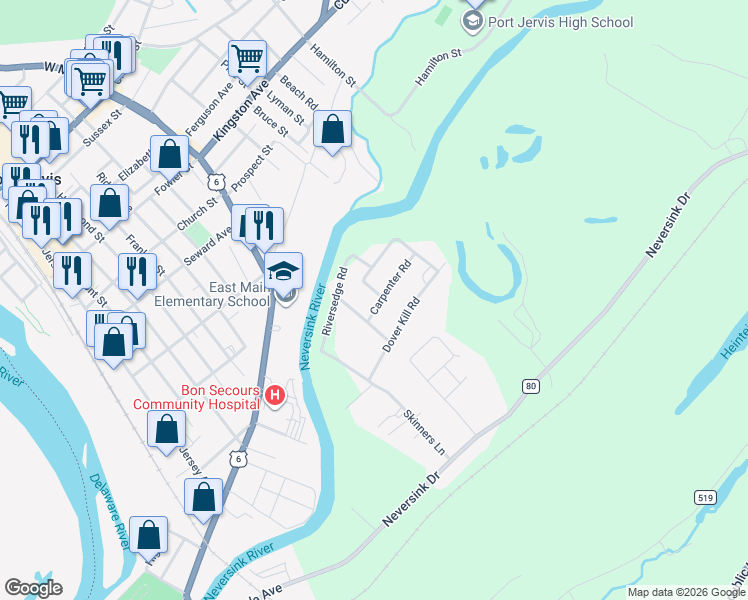 map of restaurants, bars, coffee shops, grocery stores, and more near 9 Carpenter Road in Port Jervis