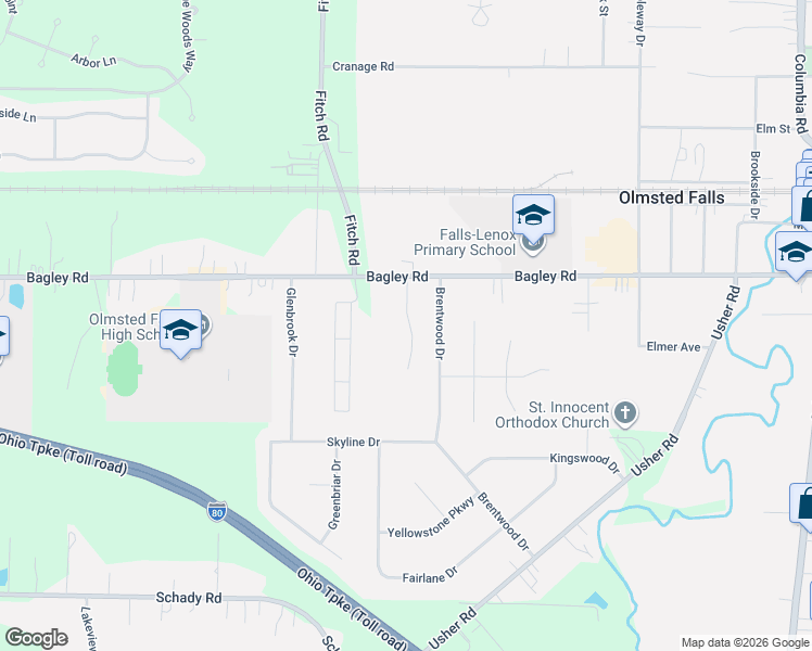 map of restaurants, bars, coffee shops, grocery stores, and more near 8295 Falls Glen Lane in Olmsted Falls