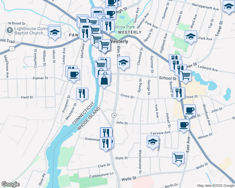 map of restaurants, bars, coffee shops, grocery stores, and more near Elm Street in Westerly