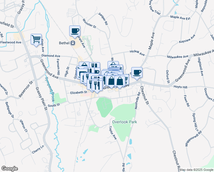map of restaurants, bars, coffee shops, grocery stores, and more near 8 School Street in Bethel