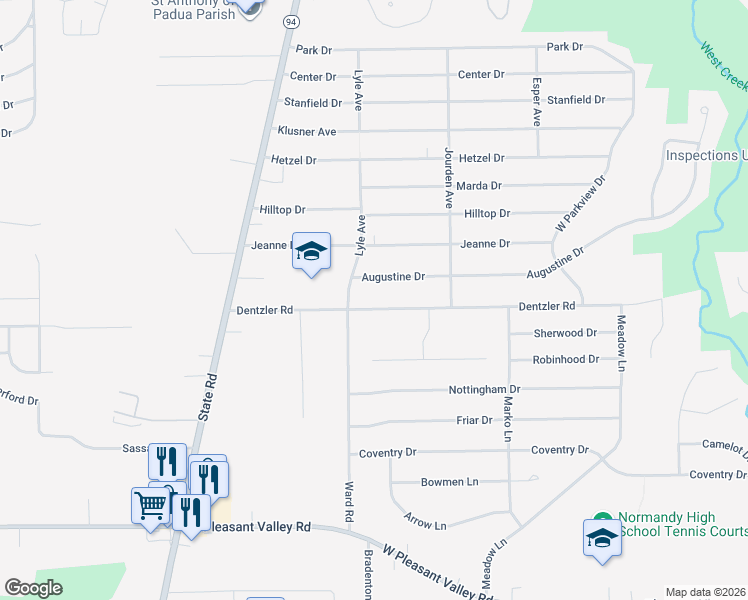 map of restaurants, bars, coffee shops, grocery stores, and more near 3520 Dentzler Road in Parma