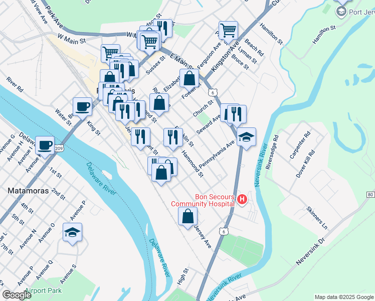 map of restaurants, bars, coffee shops, grocery stores, and more near 116 Hammond Street in Port Jervis