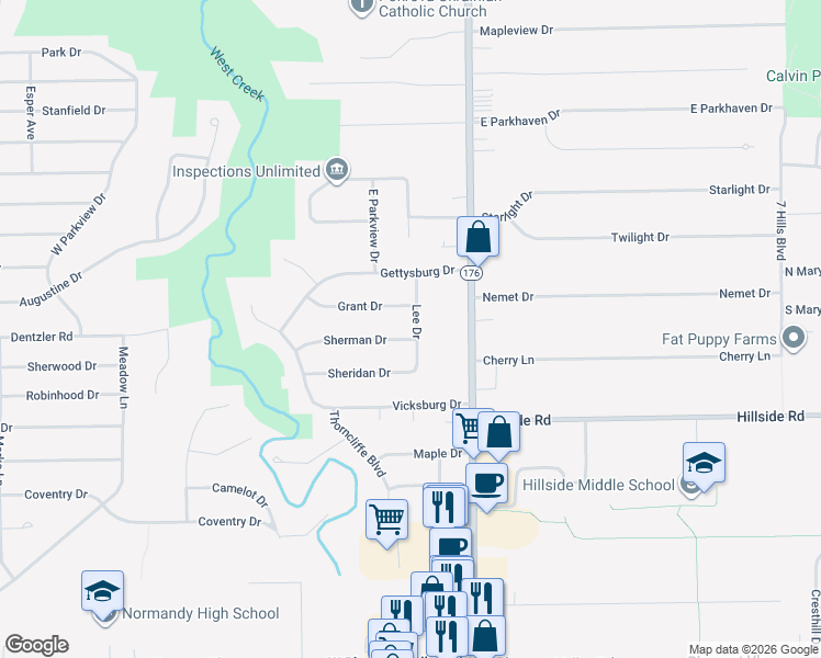 map of restaurants, bars, coffee shops, grocery stores, and more near 1230 Sherman Drive in Parma