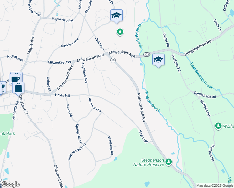 map of restaurants, bars, coffee shops, grocery stores, and more near 25 Midway Drive in Bethel