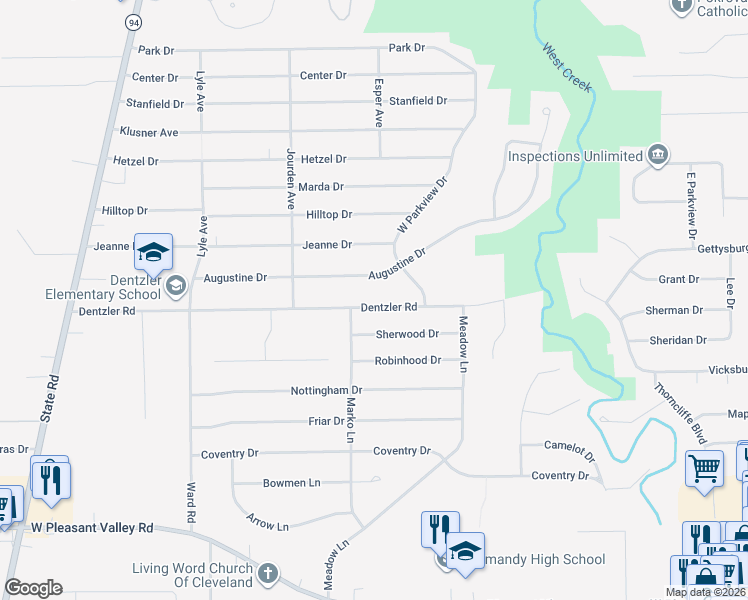 map of restaurants, bars, coffee shops, grocery stores, and more near 2800 Dentzler Road in Parma