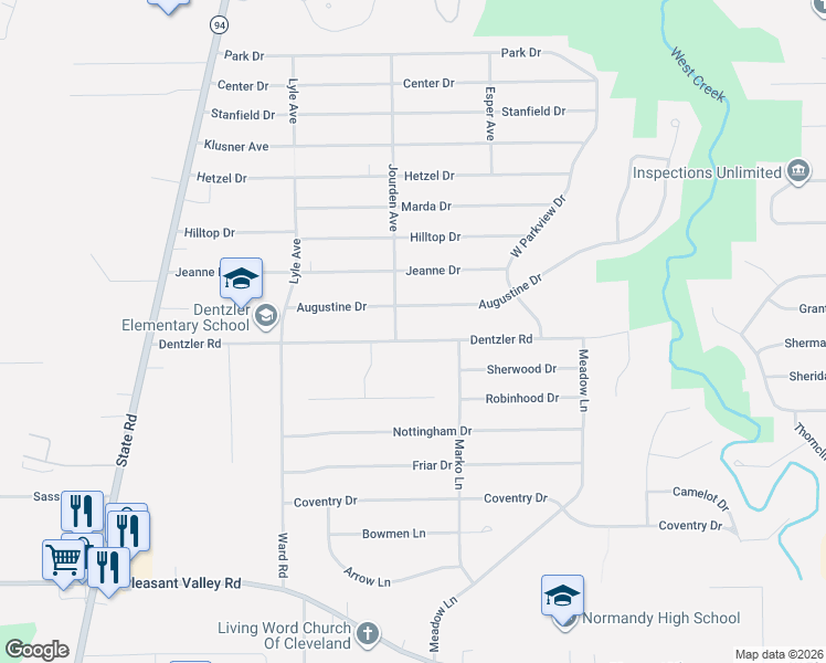 map of restaurants, bars, coffee shops, grocery stores, and more near 3014 Dentzler Road in Parma