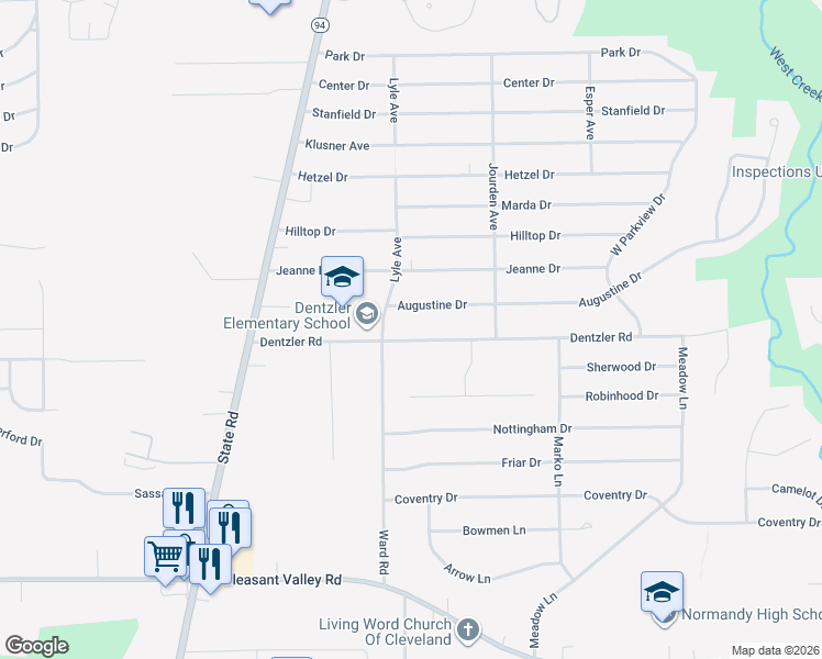 map of restaurants, bars, coffee shops, grocery stores, and more near 3520 Dentzler Road in Parma
