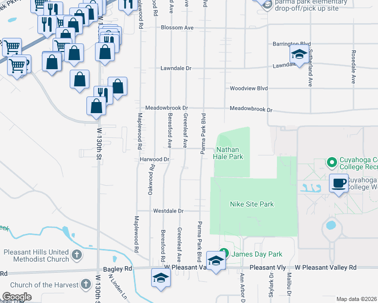 map of restaurants, bars, coffee shops, grocery stores, and more near 7073 Greenleaf Avenue in Parma Heights