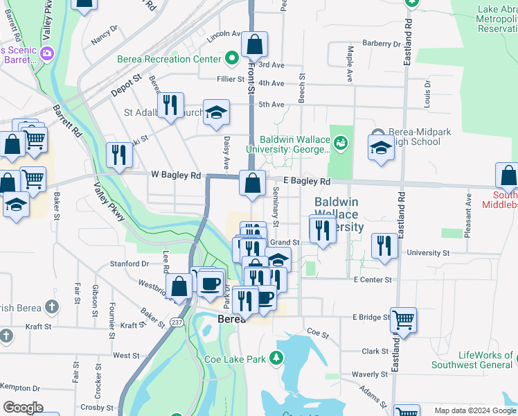 map of restaurants, bars, coffee shops, grocery stores, and more near 187 Seminary Street in Berea
