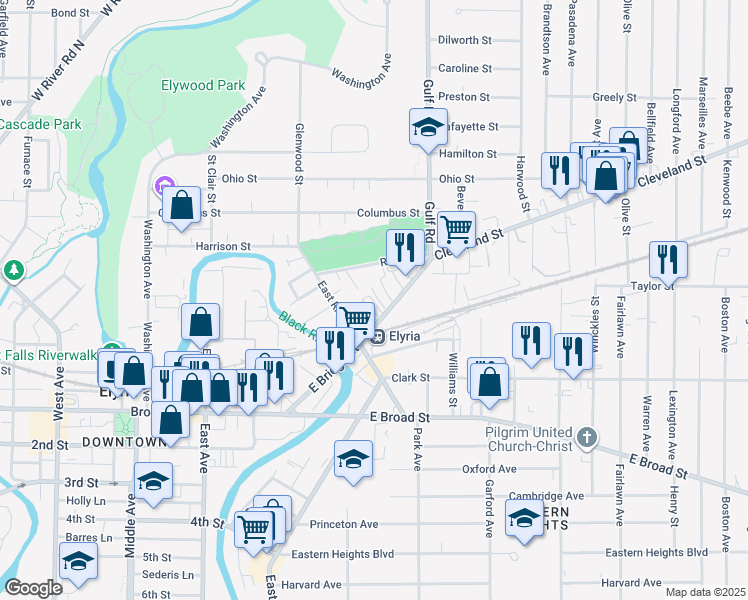 map of restaurants, bars, coffee shops, grocery stores, and more near in Elyria