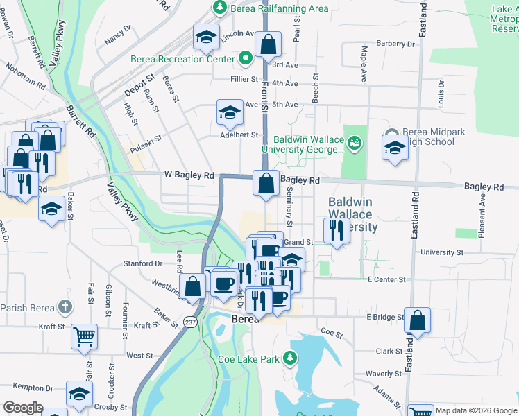 map of restaurants, bars, coffee shops, grocery stores, and more near 219 Front Street in Berea