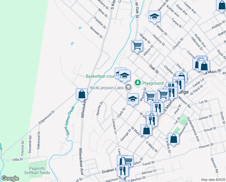 map of restaurants, bars, coffee shops, grocery stores, and more near 540 West Grace Street in Old Forge
