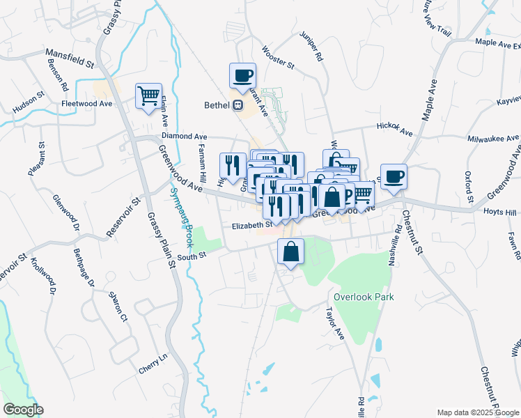 map of restaurants, bars, coffee shops, grocery stores, and more near 212 Greenwood Avenue in Bethel