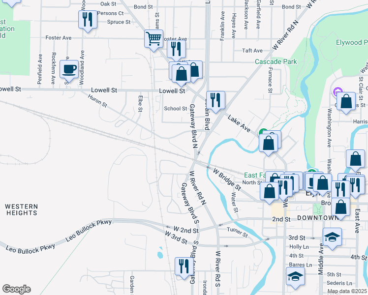 map of restaurants, bars, coffee shops, grocery stores, and more near 123 Huron Street in Elyria