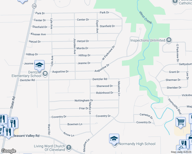 map of restaurants, bars, coffee shops, grocery stores, and more near 2800 Dentzler Road in Parma
