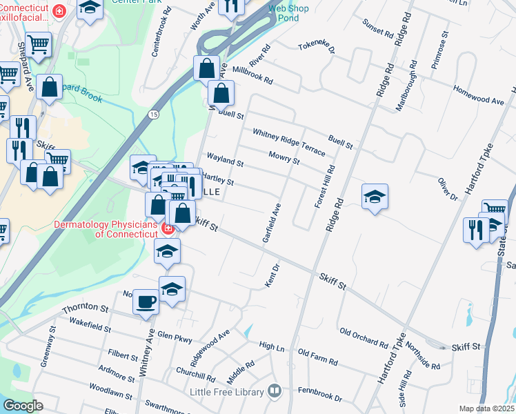map of restaurants, bars, coffee shops, grocery stores, and more near 110 Collett Street in North Haven