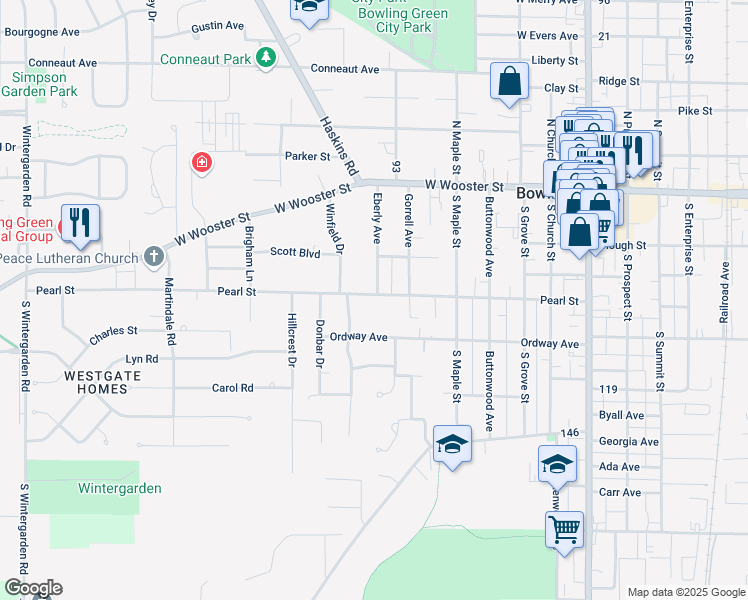 map of restaurants, bars, coffee shops, grocery stores, and more near 701 Pearl St in Bowling Green
