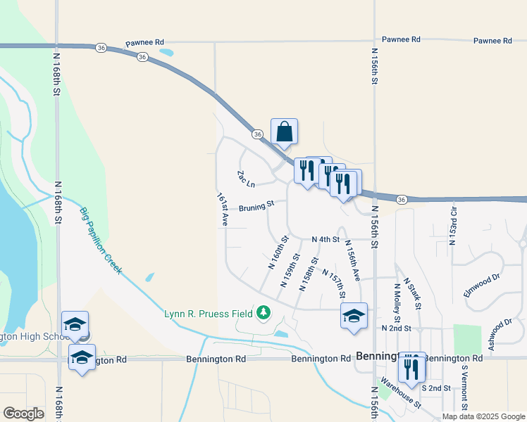 map of restaurants, bars, coffee shops, grocery stores, and more near 12310 North 161st Street in Bennington
