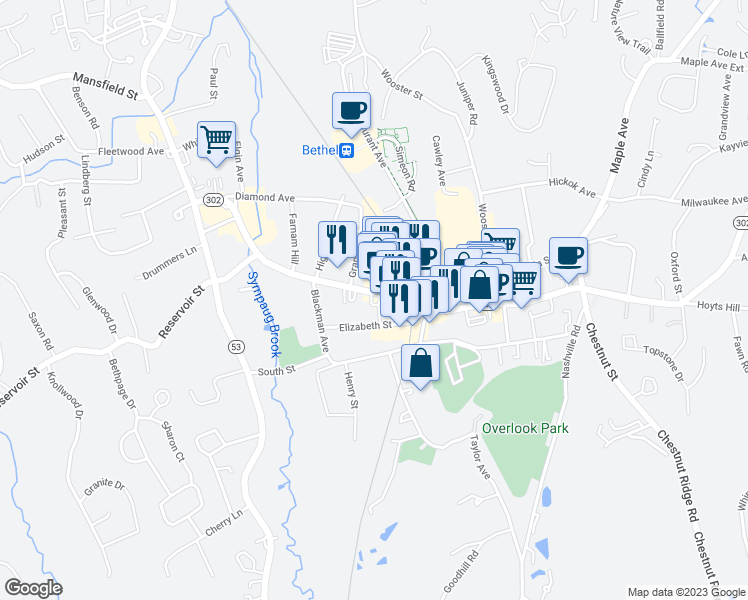 map of restaurants, bars, coffee shops, grocery stores, and more near 214 Greenwood Avenue in Bethel