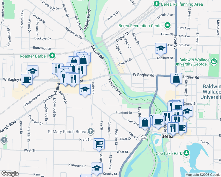 map of restaurants, bars, coffee shops, grocery stores, and more near 336 Westbridge Drive in Berea