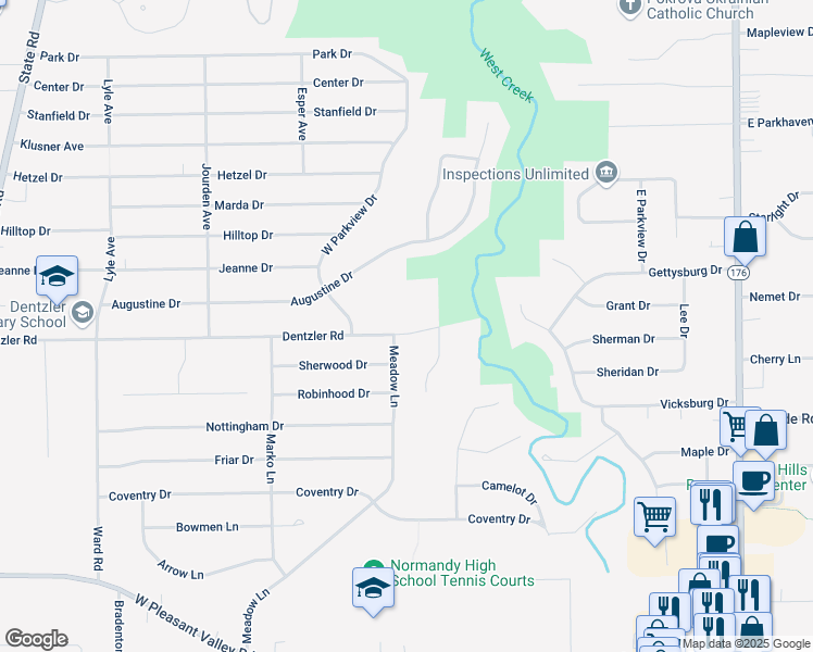 map of restaurants, bars, coffee shops, grocery stores, and more near 2404 Dentzler Road in Parma