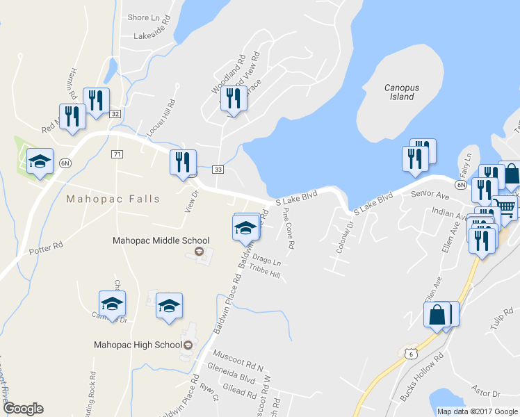 map of restaurants, bars, coffee shops, grocery stores, and more near 700 Route 6N in Mahopac