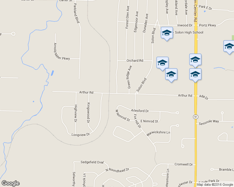 map of restaurants, bars, coffee shops, grocery stores, and more near Arthur Road in Solon