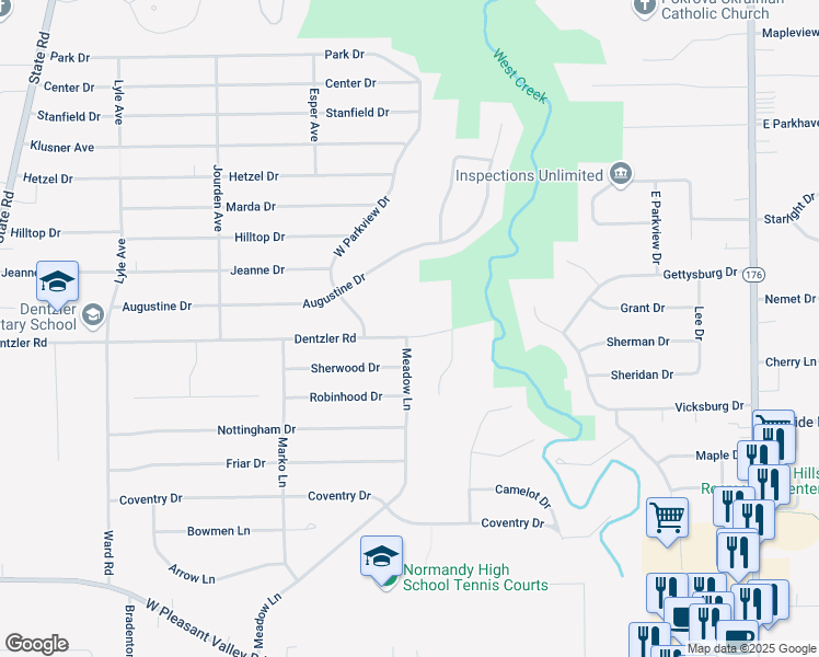 map of restaurants, bars, coffee shops, grocery stores, and more near 2404 Dentzler Road in Parma