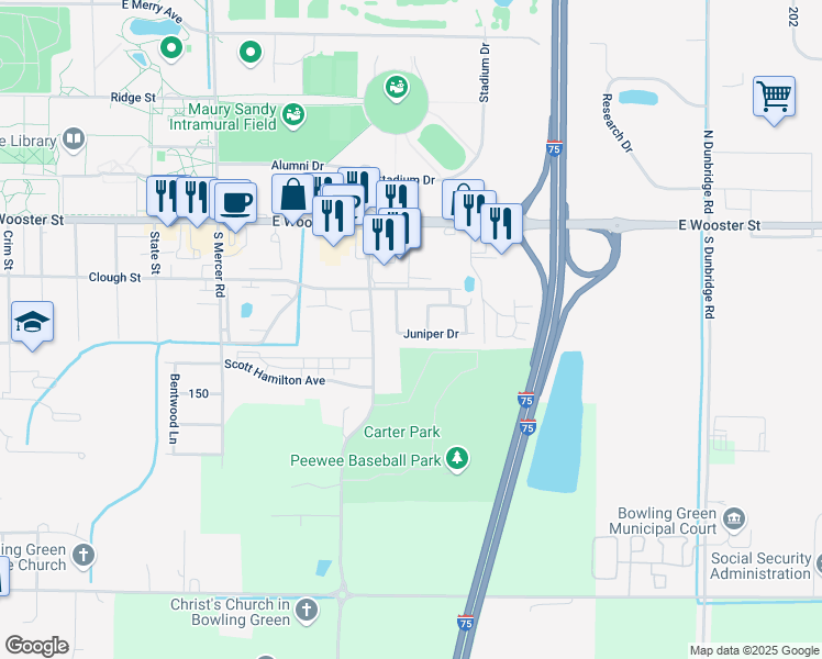 map of restaurants, bars, coffee shops, grocery stores, and more near 1627 Juniper Drive in Bowling Green