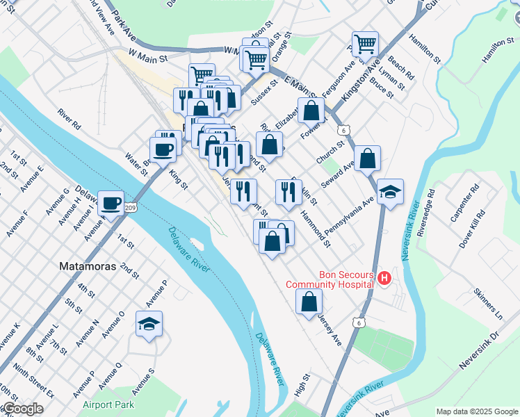 map of restaurants, bars, coffee shops, grocery stores, and more near 110 Front Street in Port Jervis