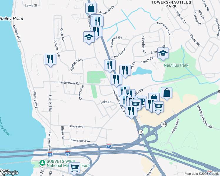 map of restaurants, bars, coffee shops, grocery stores, and more near 208 Pleasant Valley Rd S in Groton